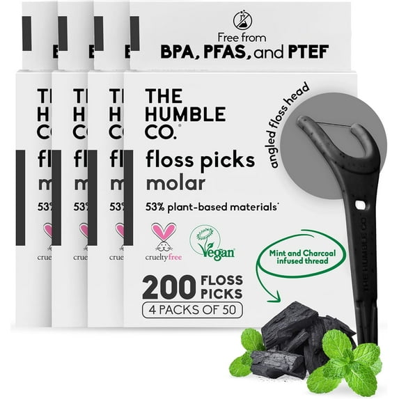 The Humble Co. Floss Picks (200 Count) – Plant Based Dental Floss Picks with Grip Handle for Superior Oral Care, Dental Hygiene, and Gum Health, Cruelty Free Tooth Floss Picks (Charcoal)