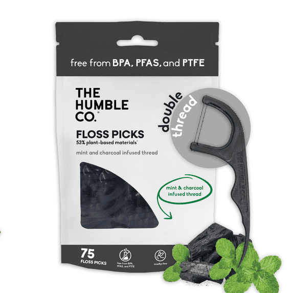 The Humble Co. Floss Picks (75 Count), Double Thread Plant Based Dental Floss Picks with Grip Handle for Superior Oral Care, Dental Hygiene, and Gum Health, Cruelty Free Tooth Floss Picks (Charcoal)