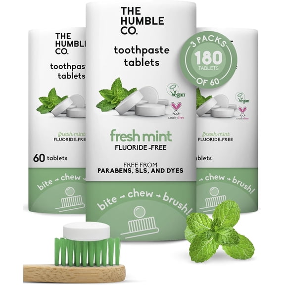The Humble Co Fluoride-Free Chewable Toothpaste Tablets, Bite, Chew, Brush, Zero Water, Travel-Friendly & Waste-Free Dental Care Hygiene, Pack of 3, 180 Count