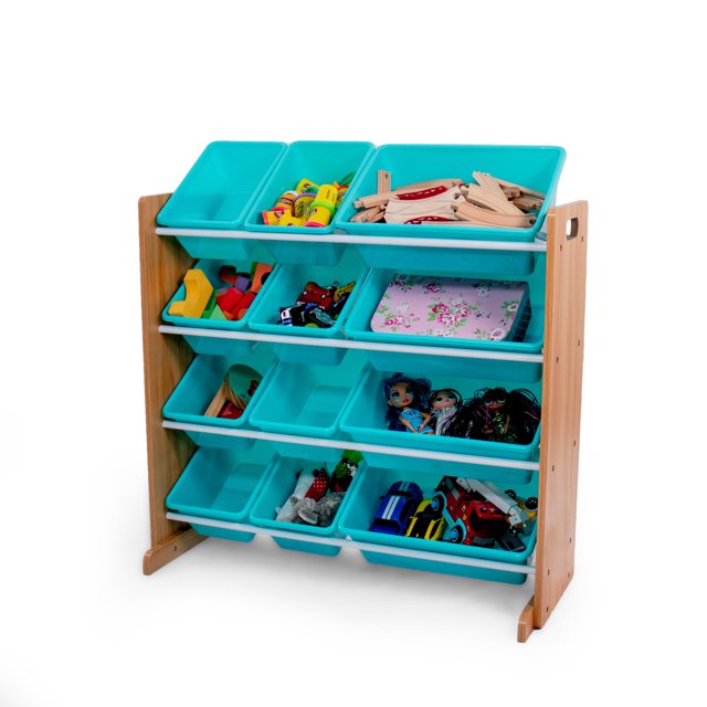 Humble Crew 12 Bin Toy Storage Organizer, Natural Wood/Aqua