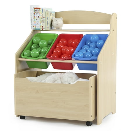 Humble Crew 3-in-1 Toddler-Size Storage Organizer with Rolling Toy Box, Plastic Bins, Natural/Primary