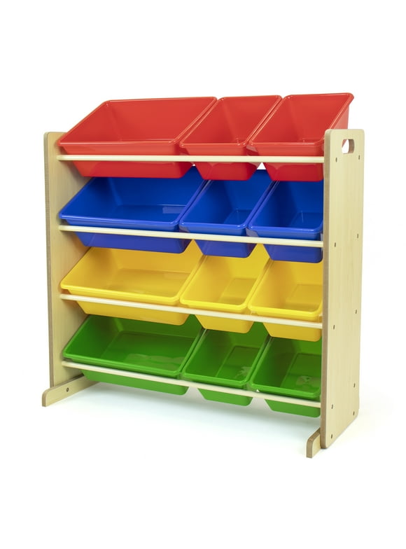 Humble Crew Children Wood and Plastic Toy Storage Racks with 12 Bins, Multi-Color
