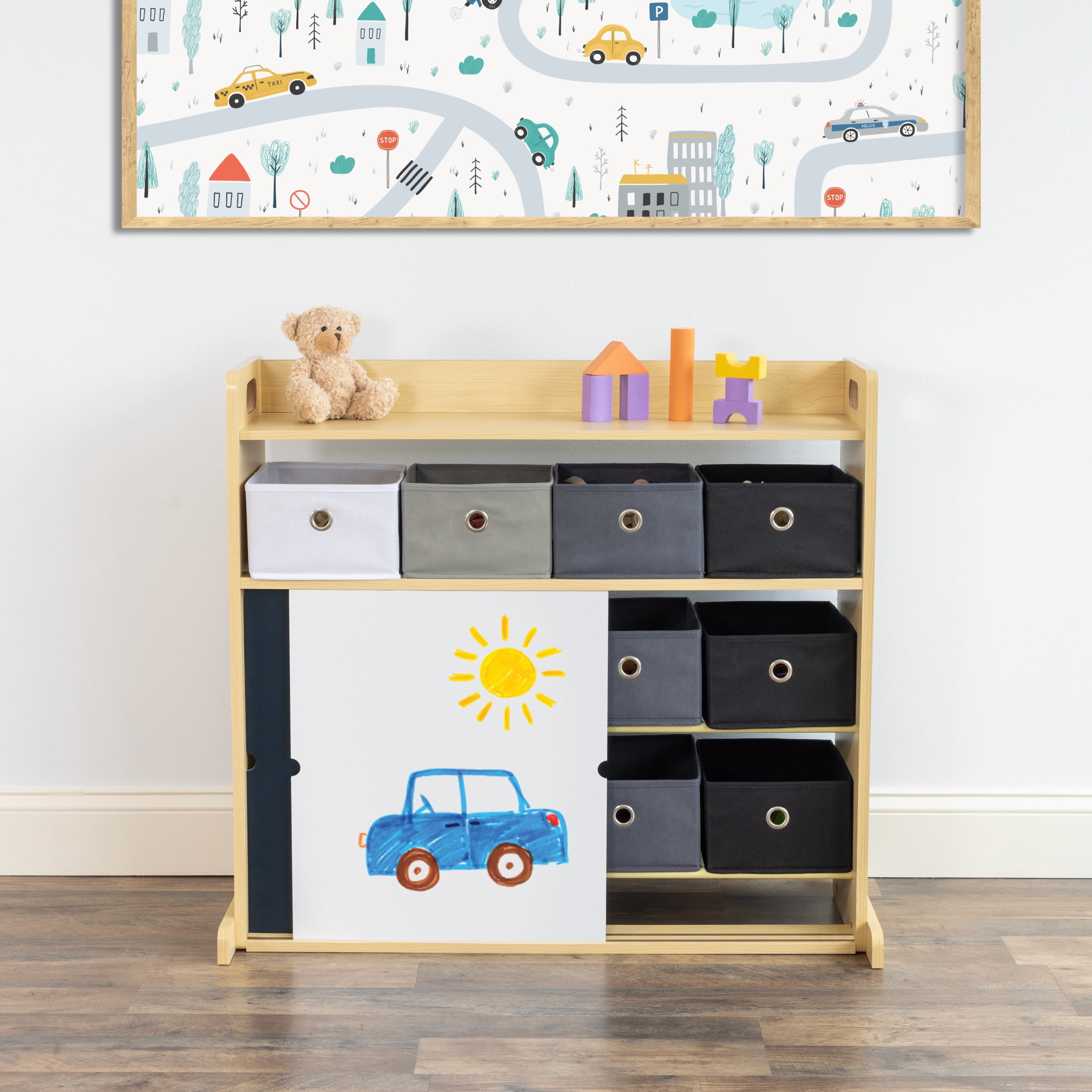 Humble Crew Kid Toy Storage Organizer with 12 Fabric Bins & Doodle Doors, Natural/Black/White/Grey