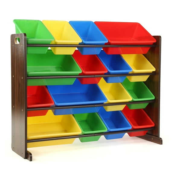 Humble Crew Discover Supersized Toy Storage Organizer with 16 Plastic Storage Bins, Walnut/Primary