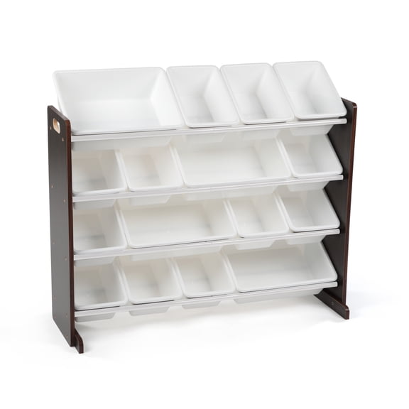 Humble Crew Storage Organizer with 16 Plastic Bins for Kids & Toddlers, Espresso/White