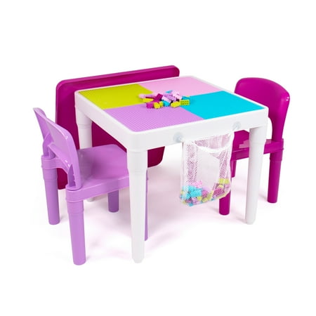 Humble Crew Forever Toddler 2-in-1 Plastic Building Blocks-Compatible Activity Table and 2 Chairs Set, 100 Pc Block Set, Square, White/Pink/Purple/Turquoise