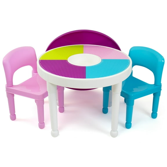 Humble Crew Forever Toddler 2-in-1 Plastic Building Blocks-Compatible Activity Table and 2 Chairs Set, Round, White/Pink/Purple/Turquoise