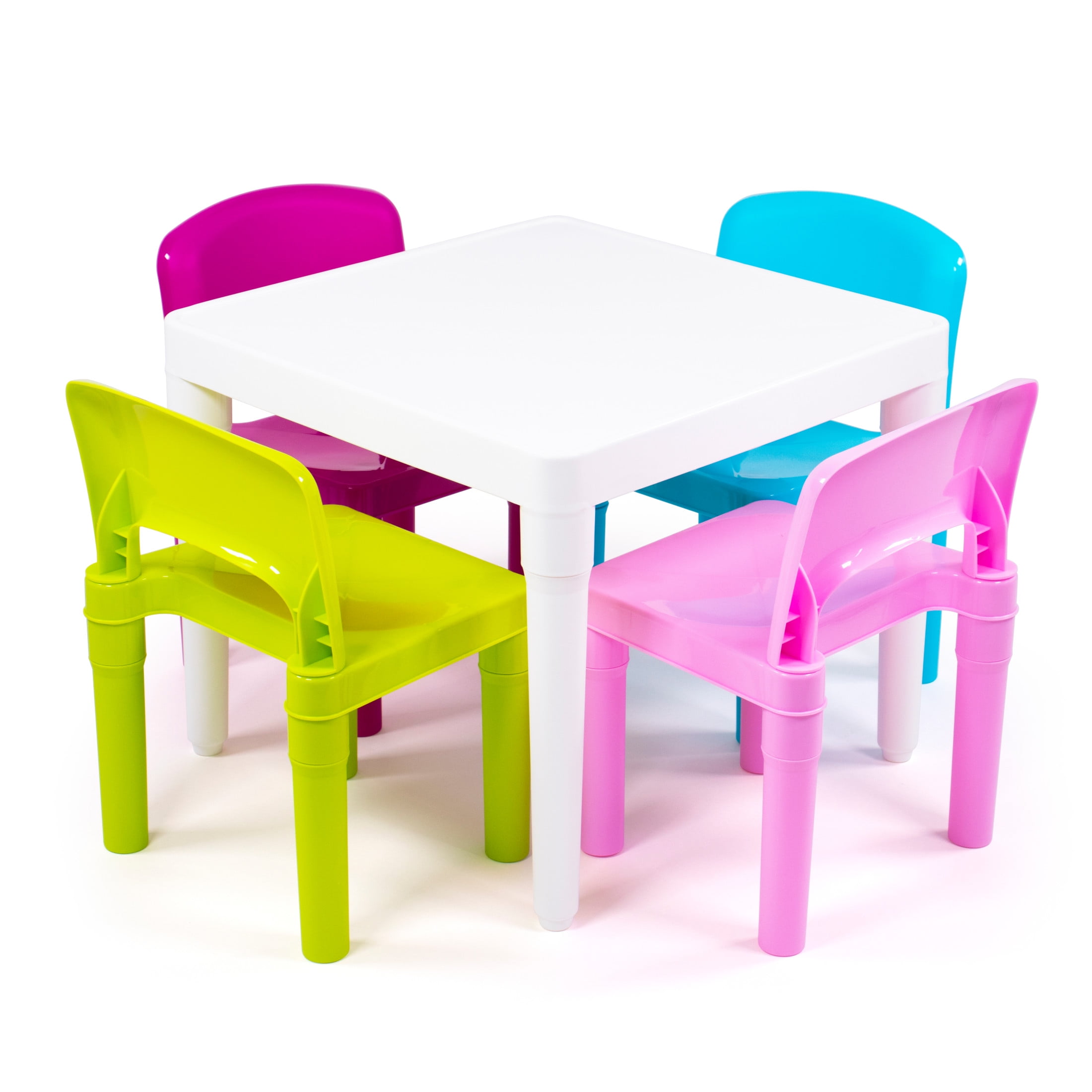 Humble Crew Forever Toddler Lightweight Plastic Table and 4 Chairs Set, Square White Table & Pink/Purple/Turquoise/Green Chairs