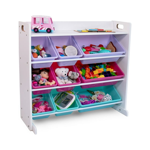 Humble Crew Forever Toy Storage Organizer with Shelf and 9 Storage Bins, White/Pink/Purple/Aqua
