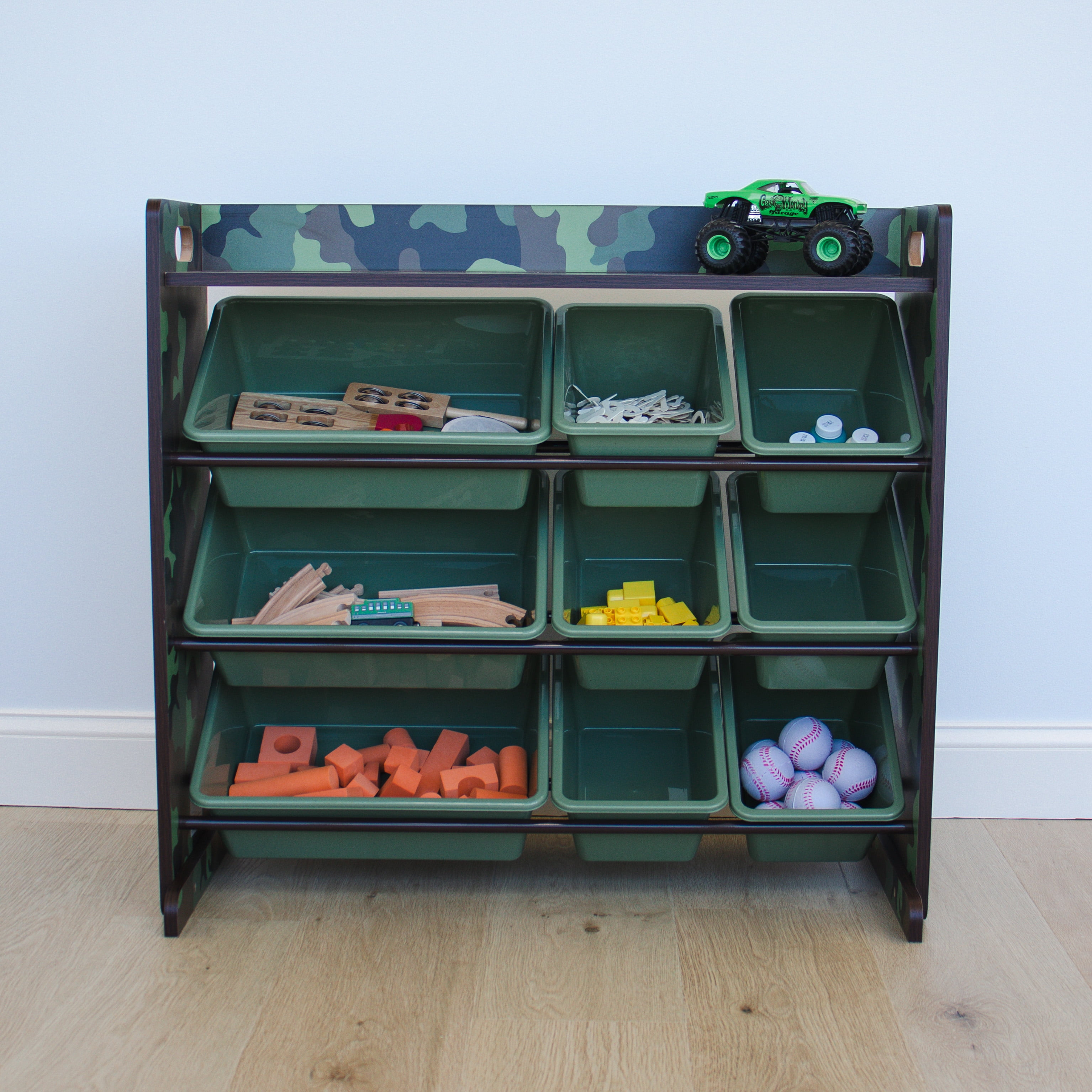 Humble Crew Kids Toy Storage Organizer with Shelf and 9 Plastic Storage Bins, Army Green Camo