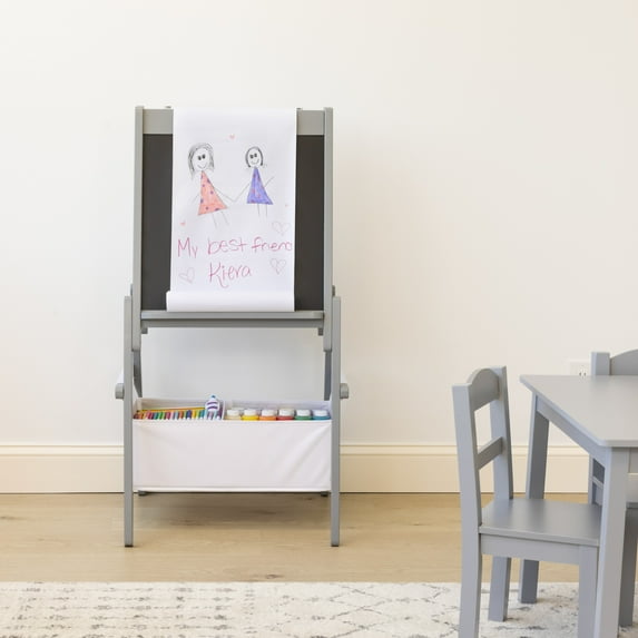 Humble Crew Inspire Kids Chalkboard and Dry Erase Easel with Storage Bins, 1 Paper Roll, 2pc Chalk, and Eraser, Grey