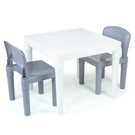 Humble Crew Inspire Toddler Dry Erase Plastic 3pc Table and 2 Chairs Set, Square White Table & Grey Chairs