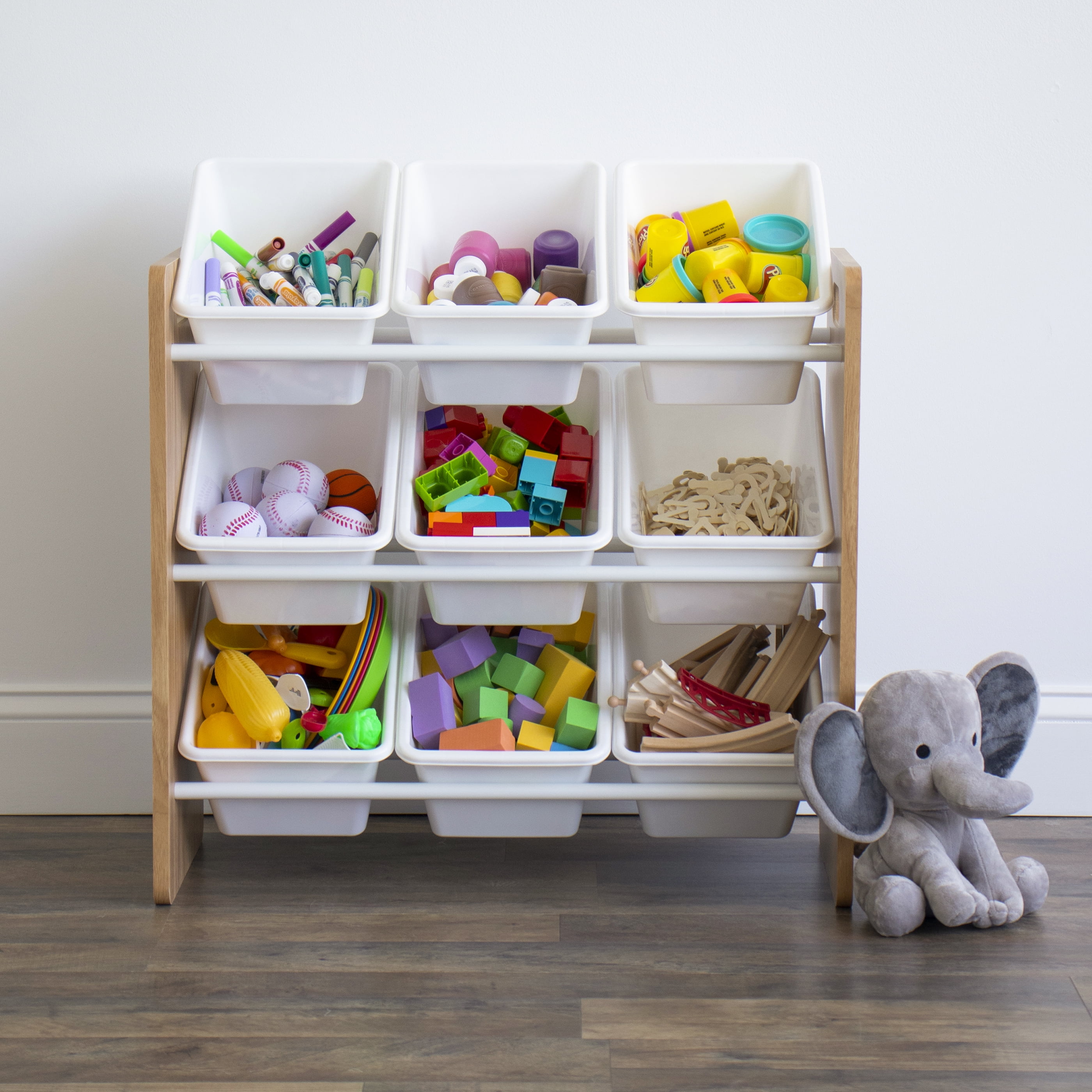 Humble Crew Journey Kids Toy Storage Organizer with 9 Plastic Storage Bins,  Natural Wood/White