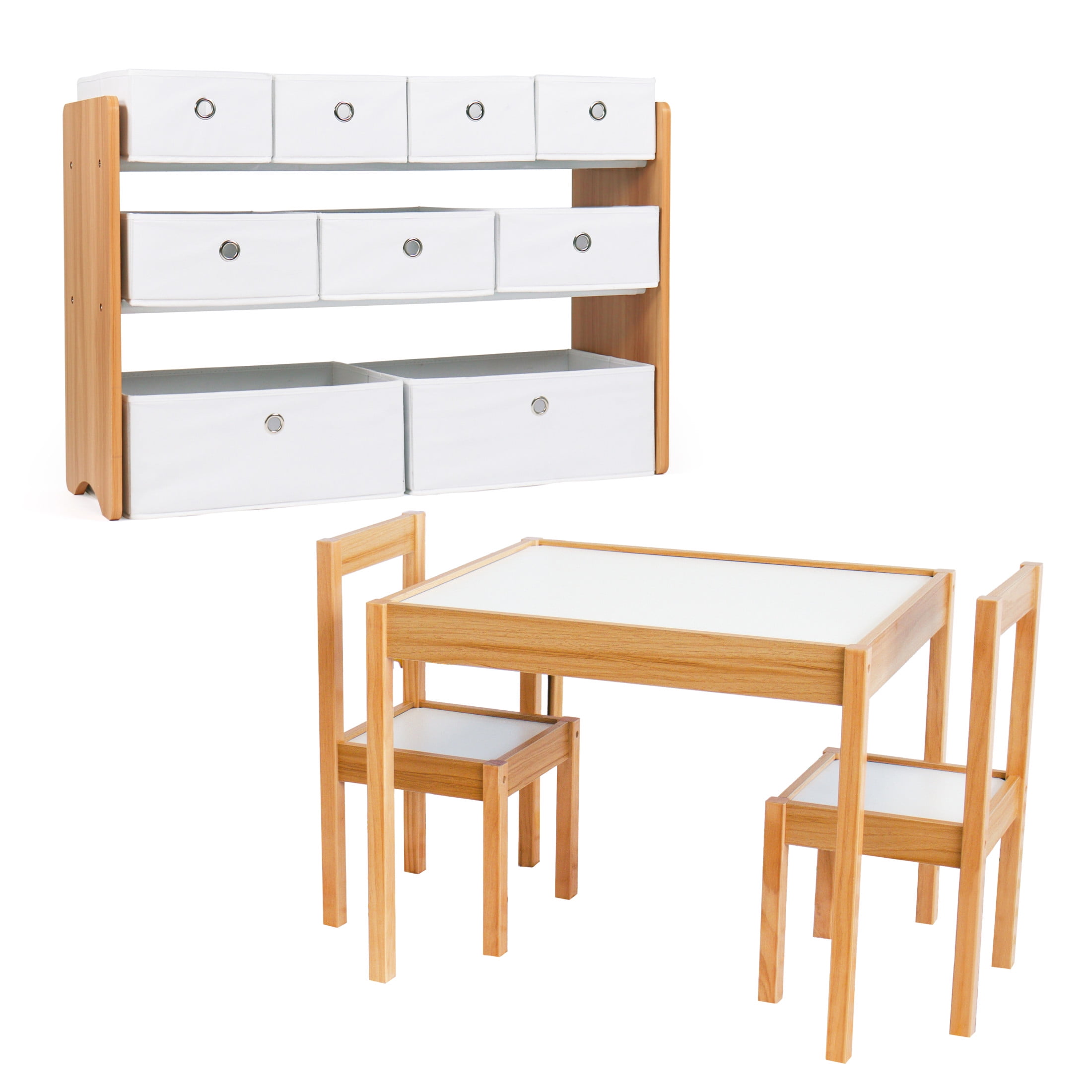 Humble Crew Journey Playroom in a Box, Kids 9 Bin Toy Organizer and 3pc Wood Table and Chair Set, Natural/White
