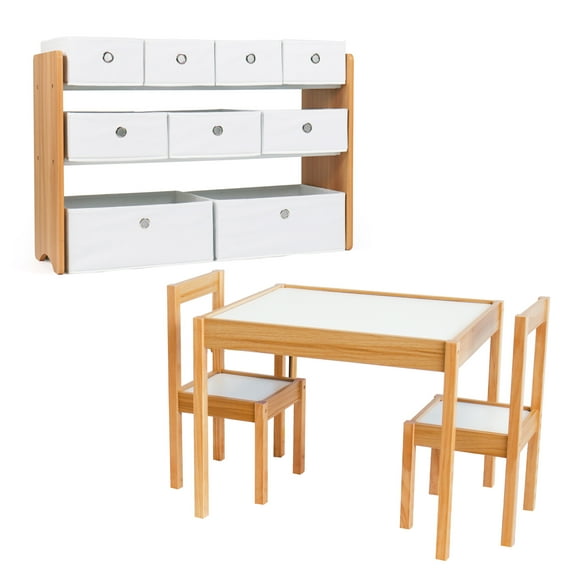 Humble Crew Journey Playroom in a Box, Kids 9 Bin Toy Organizer and 3pc Wood Table and Chair Set, Natural/White