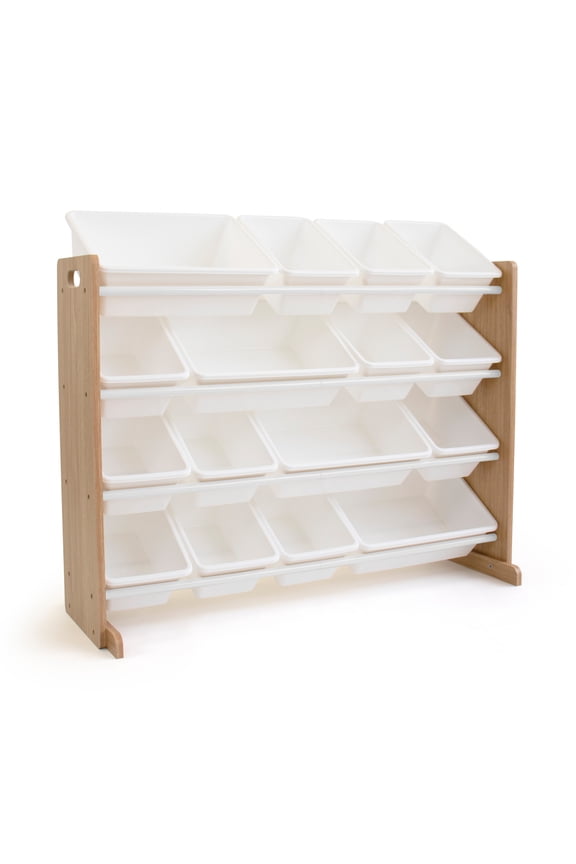 Storage Organizer with 16 Plastic Bins for Kids & Toddlers, Natural/White