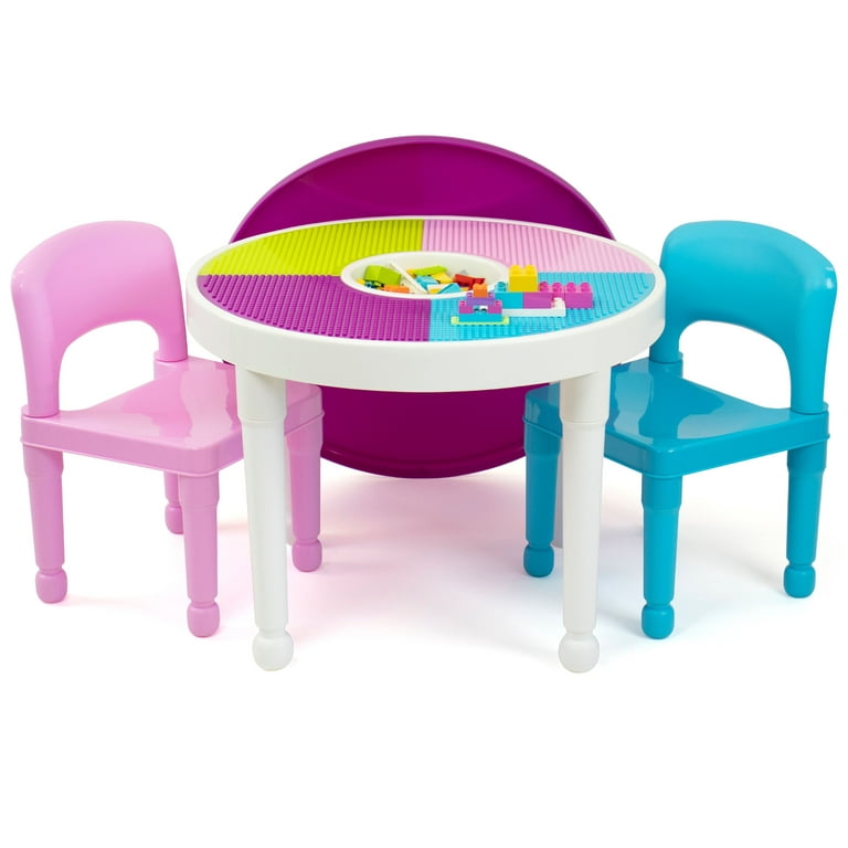 Humble Crew Kids 2-in-1 Plastic Activity Table and 2 Chairs Set, Round,  White, Blue & Pink, Ages 3 and Up