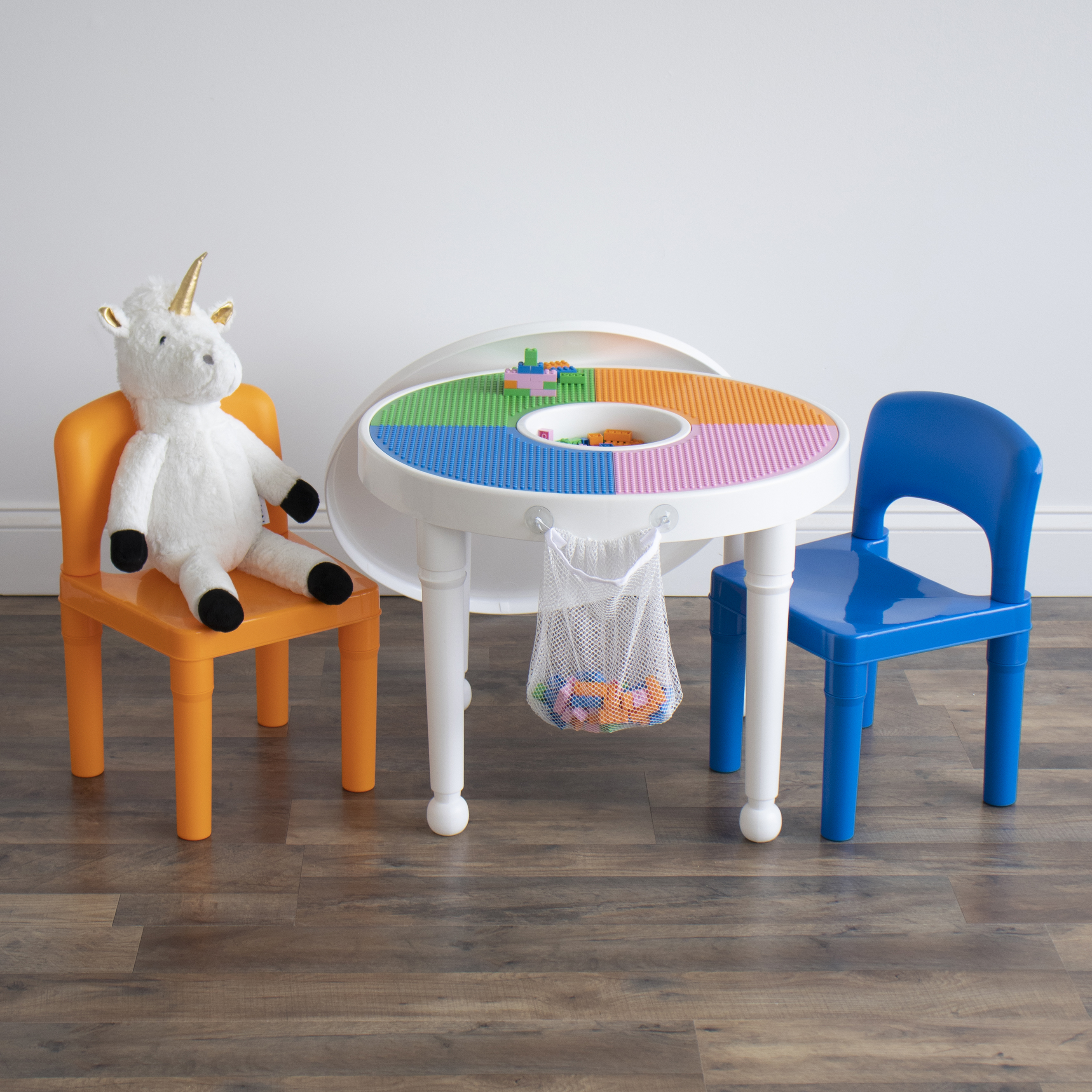 Humble Crew Kids 3pc Plastic Dry-Erase Activity Table & Chair Set with 100 Building Blocks, White, Orange, Blue - image 1 of 20