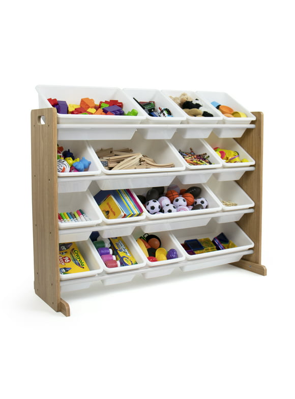 Humble Crew Kids Natural Wood Toy Storage Organizer with 16 White Plastic Storage Bins