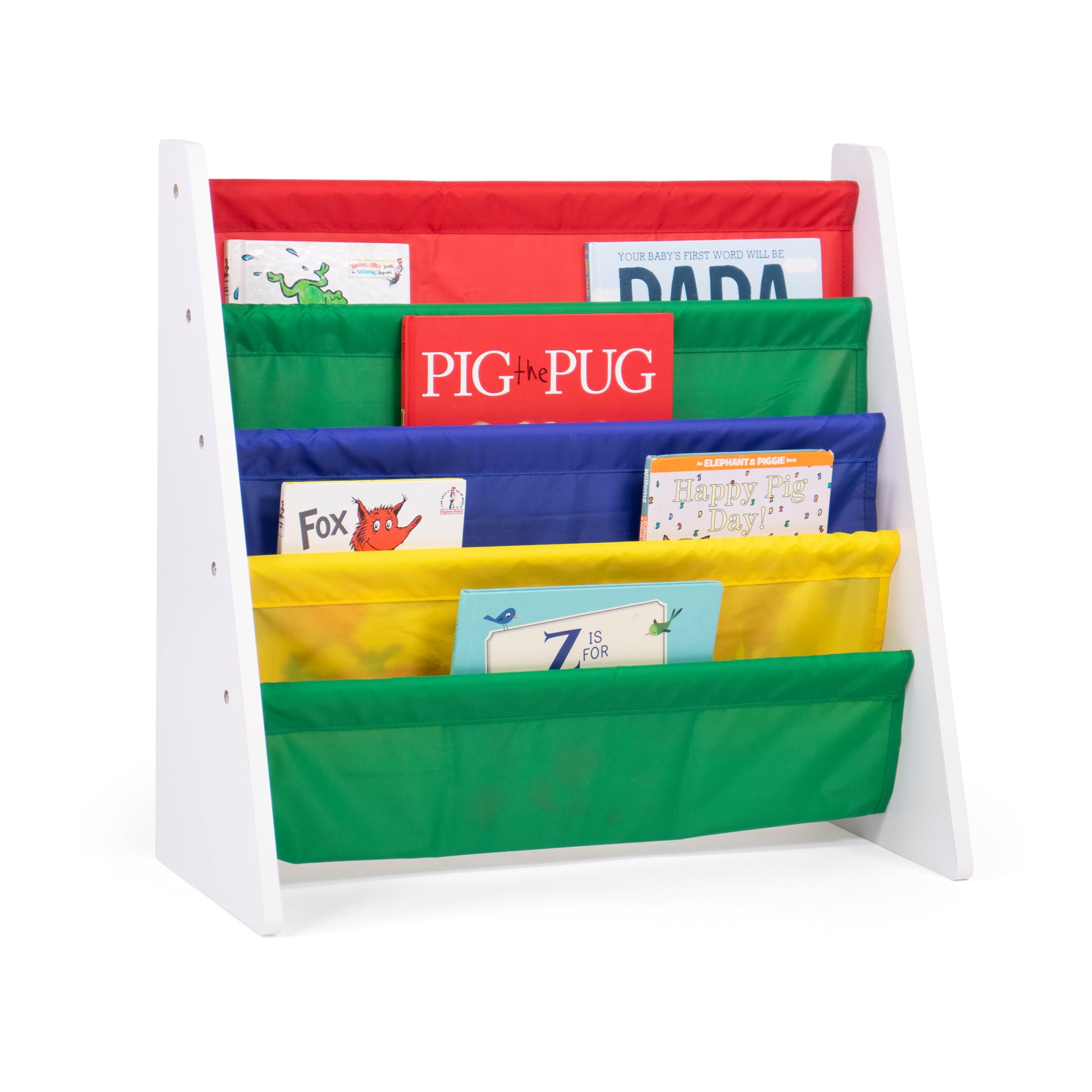 White and Primary Fabric Sling Kids Book Rack