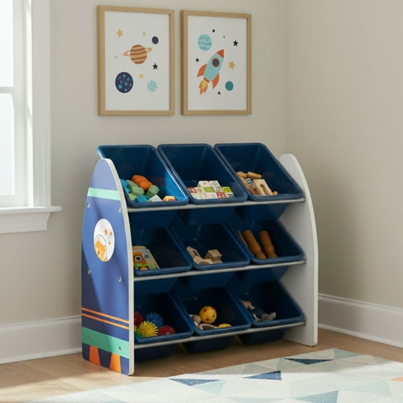 Humble Crew Kids Toy Storage Organizer with 9 Plastic Storage Bins, Blue Rocket Ship