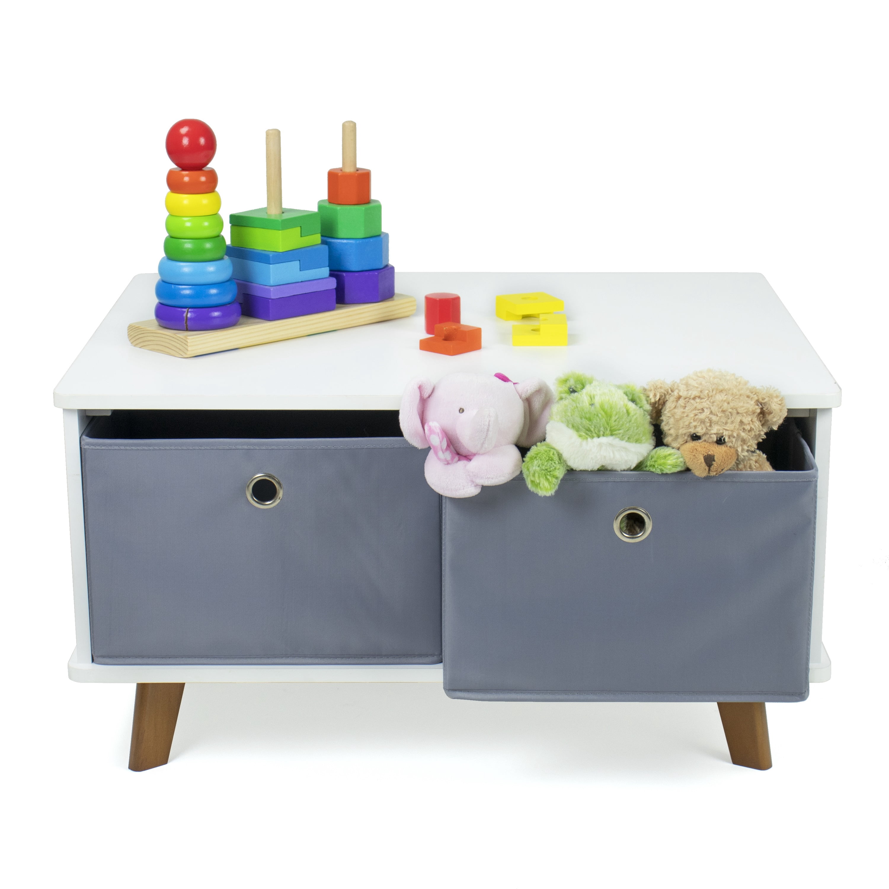 Humble Crew Kids Mid-Century Wood with Grey Fabric Bins Activity Table, White/Grey/Wood