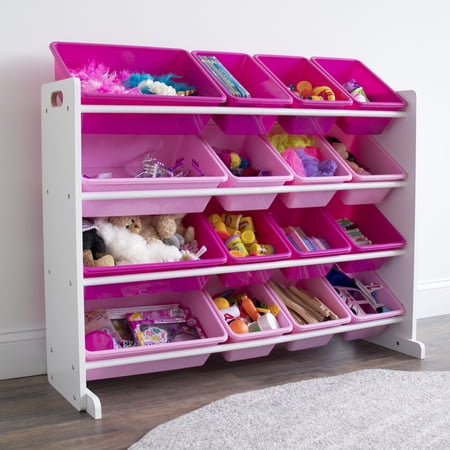 Humble Crew Molly Supersized Toy Storage Organizer with 16 Plastic Storage Bins, White/Pink