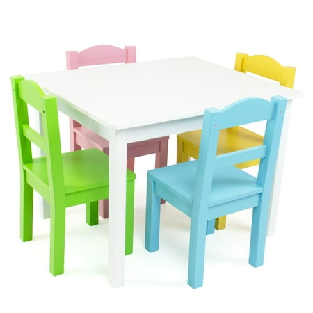 Humble Crew Pastel Toddler Wood Table and 4 Chairs Set, White/Pink/Blue/Green/Yellow
