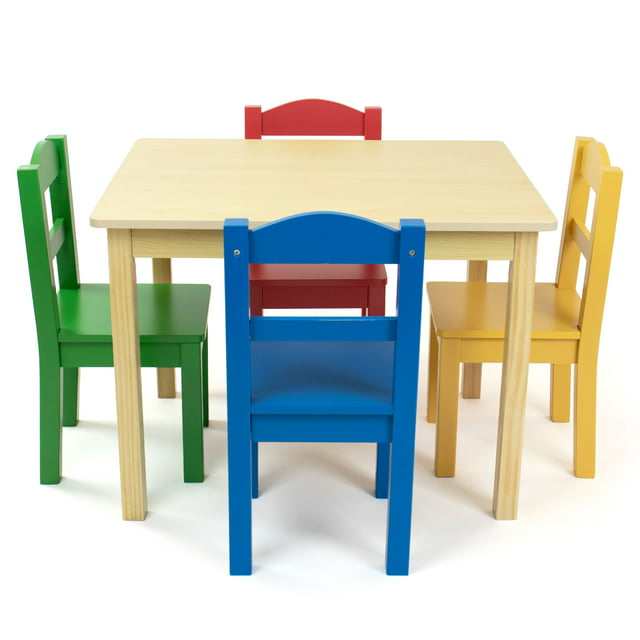 Humble Crew Primary Kids Wood Table and 4 Chairs Set, Natural Wood/Primary, for kids ages 3+