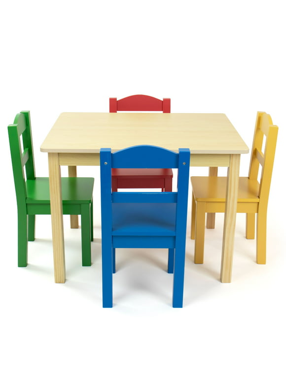 Humble Crew Primary Kids Wood Table and 4 Chairs Set, Natural Wood/Primary, for kids ages 3+