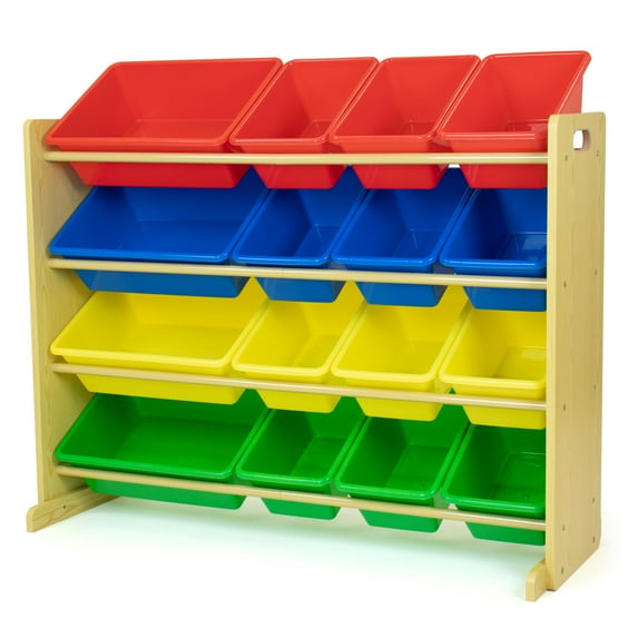 Humble Crew Storage Organizer with 16 Plastic Bins for Kids & Toddlers, Natural/Primary