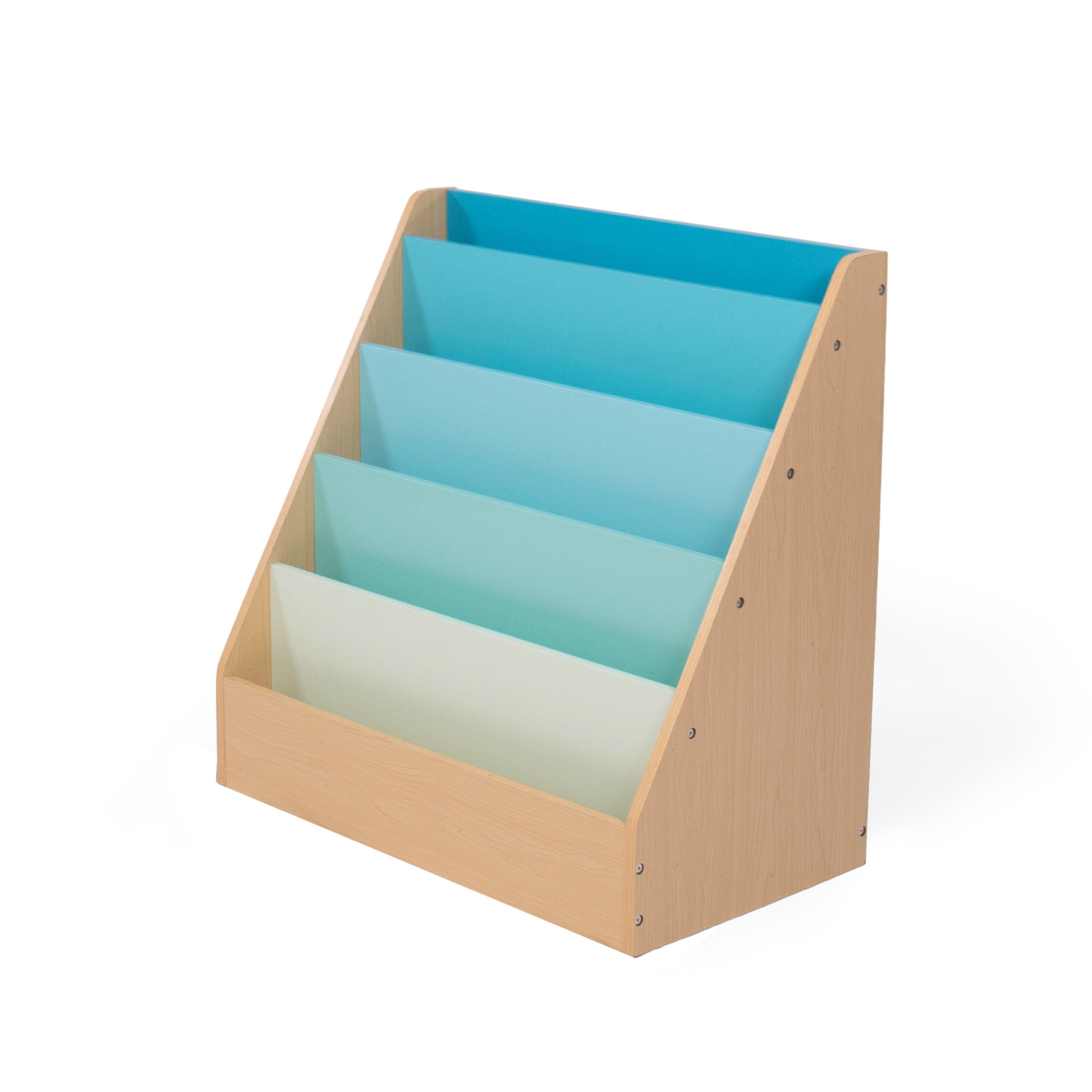 Natural Pine Kids' 5-Tier Wooden Bookcase with Blue Shelves