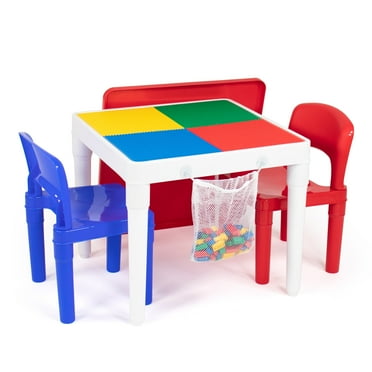 Humble Crew Summit Toddler 2-in-1 Plastic Building Blocks-Compatible Activity Table and 2 Chairs Set, 100 Pc Block Set, Square, White/Primary