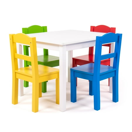 Humble Crew Kids 5-Piece Wood Table and Chair Set, White and Primary Colors