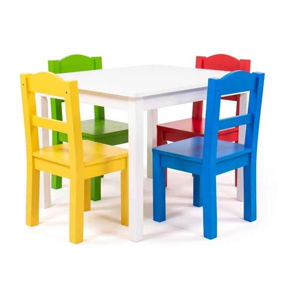 Humble Crew Kids 5-Piece Wood Table and Chair Set, White and Primary Colors