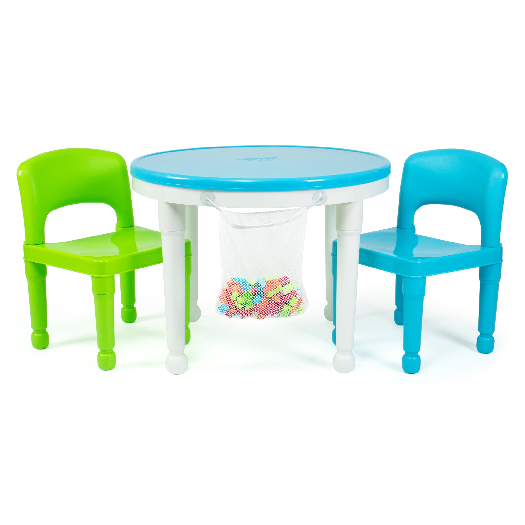 Humble Crew Toddler 2-in-1 Plastic Building Blocks-Compatible Activity Table and 2 Chairs Set, 100 Pc Block Set, Round, White/Green/Blue/Orange/Red
