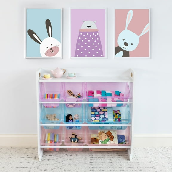 Humble Crew Kids Toy Storage Organizer with Shelf with 9 Plastic Storage Bins, White/Purple/Pink/Blue