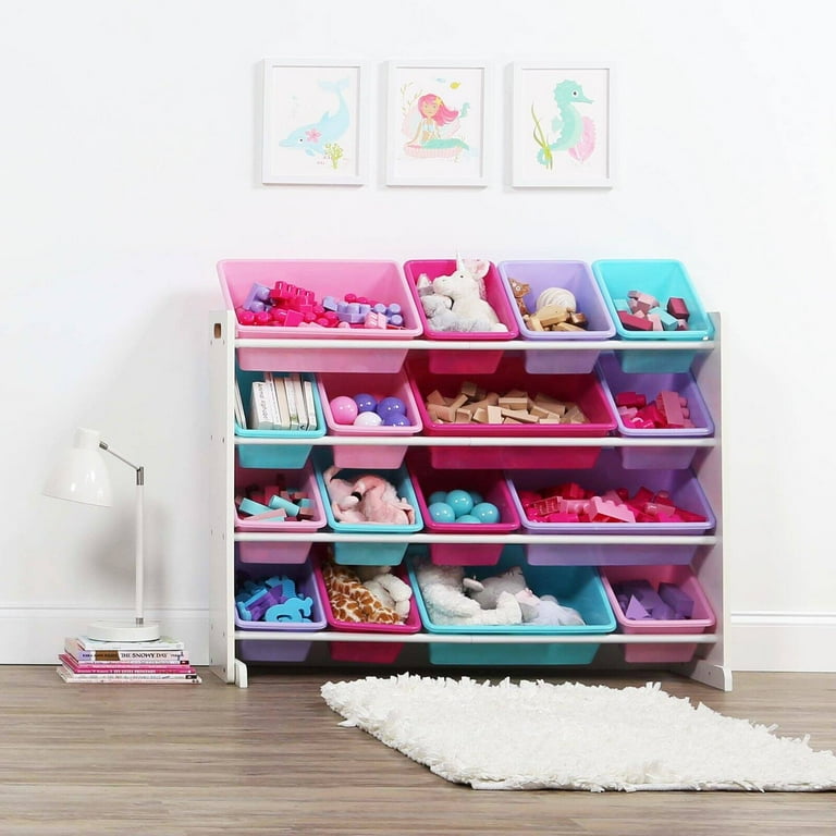 Basics Kids Toy Storage Organizer with 12 Plastic Bins, White Wood with Pink Bins, 10.9 D x 33.6 W x 31.1 H