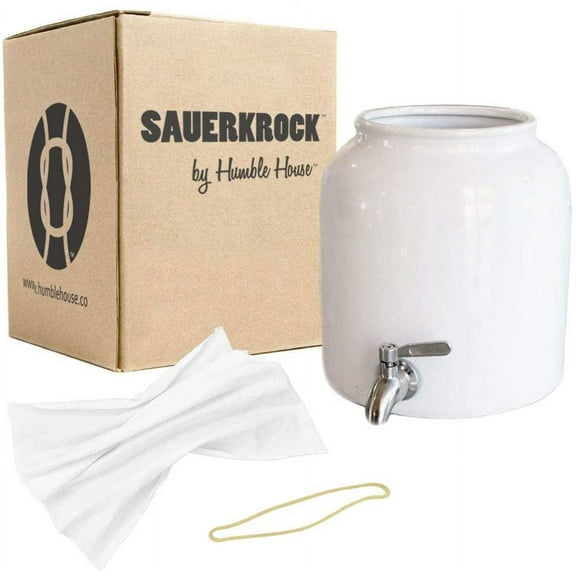 Humble House SAUERKROCK TAP Kombucha Crock with Stainless Steel Spigot - 5 Liter (1.3 Gallon) Ceramic Jar in Natural White for Continuous Brewing