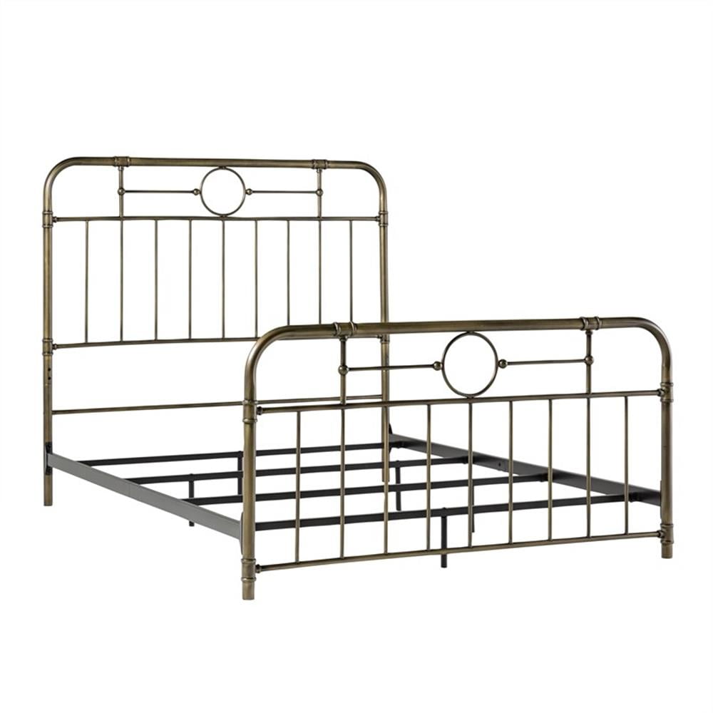 Bronze Queen Metal Frame Bed with Upholstered Headboard