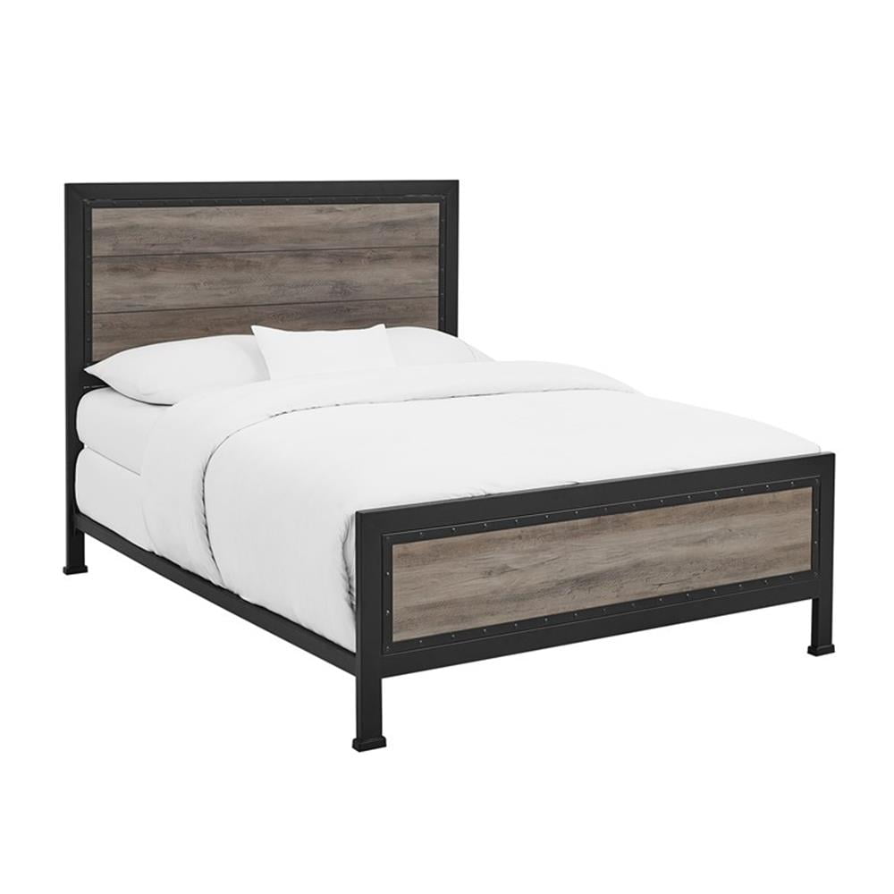 Rustic Industrial Queen Panel Bed with Wood Accents, Grey Wash