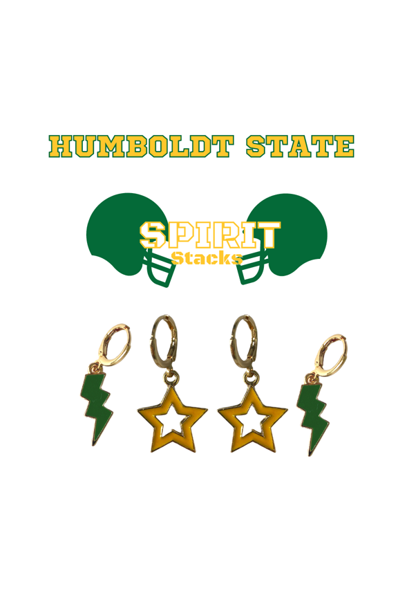 Humboldt State University Spirit Stack green mini enamel bolts and golden yellow statement open starboys