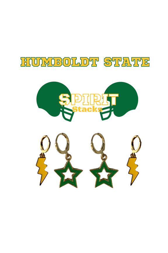 Humboldt State University Spirit Stack golden yellow mini enamel bolts and green statement open starboys