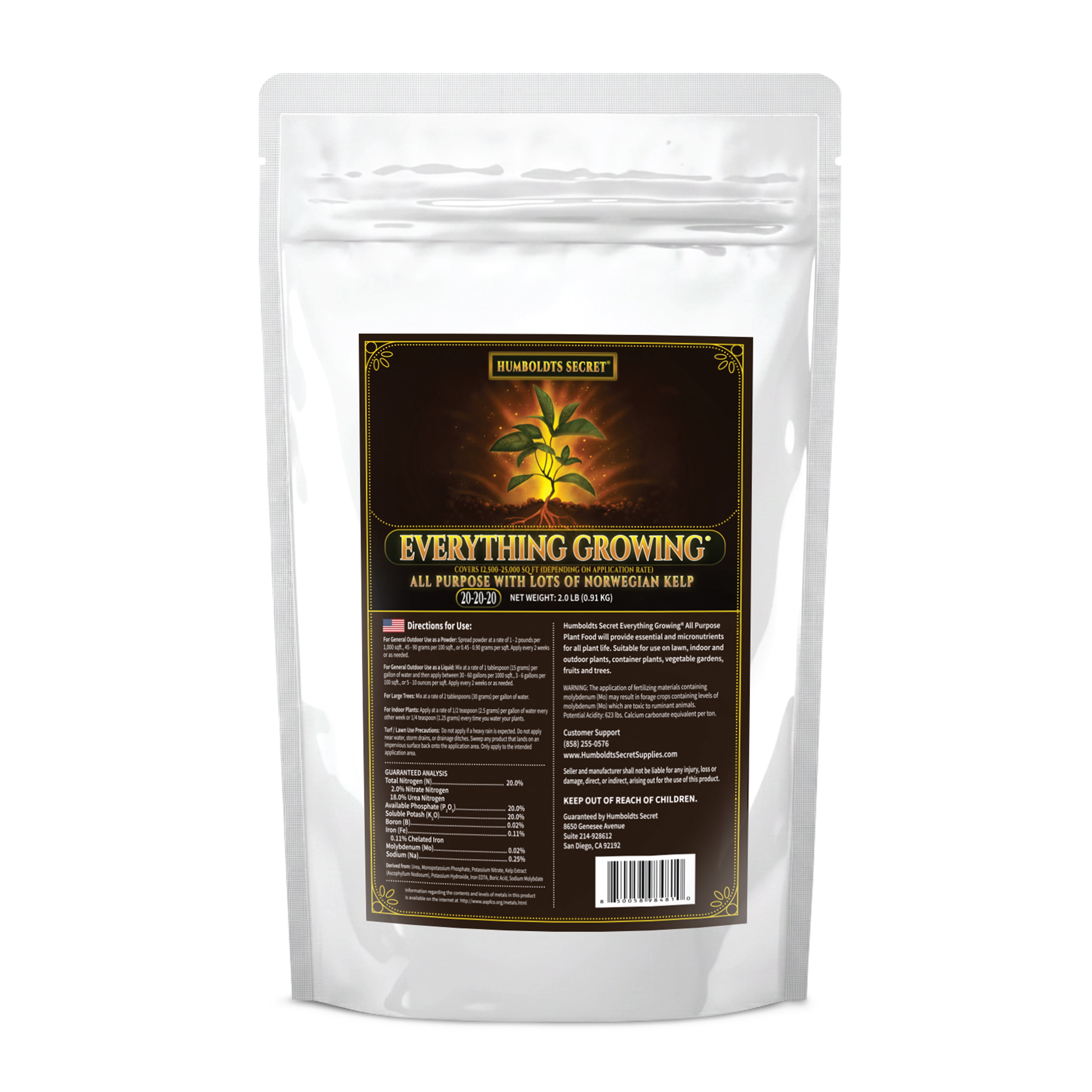 Humboldts Secret Everything Growing 20-20-20 Fertilizer - All Purpose Water Soluble Plant Food - Balanced NPK with Norwegian Kelp - For Lawns Gardens, Vegetables, Flowers & Indoor Plants - 2 lb