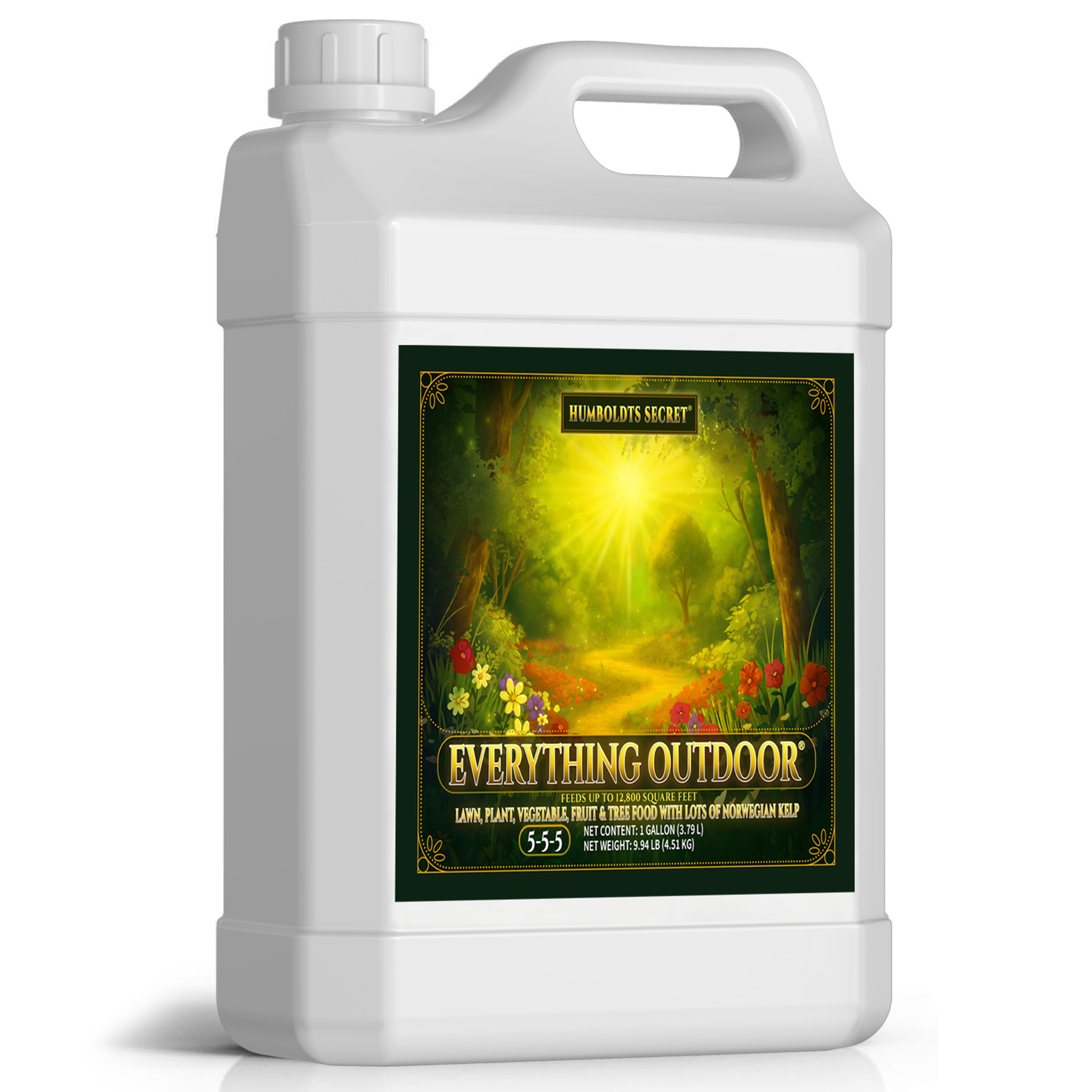 Humboldts Secret Everything Outdoor Plant Food | 5-5-5 Liquid Fertilizer with Norwegian Kelp | All Purpose Lawn, Vegetable & Fruit Food | Garden Nutrients | Refillable Hose End Bottle | 1 Gallon