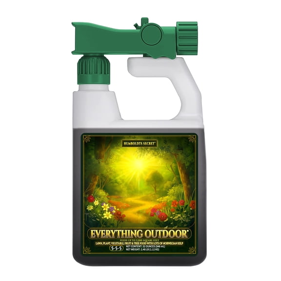 Humboldts Secret Everything Outdoor Plant Food | 5-5-5 Liquid Fertilizer with Norwegian Kelp | All Purpose Lawn, Vegetable & Fruit Food | Garden Nutrients | Refillable Hose End Bottle | 32 Ounce