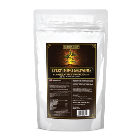 Humboldts Secret Everything Growing 20-20-20 Fertilizer - All Purpose Water Soluble Plant Food - Balanced NPK with Norwegian Kelp - For Lawns Gardens, Vegetables, Flowers & Indoor Plants - 25 lb