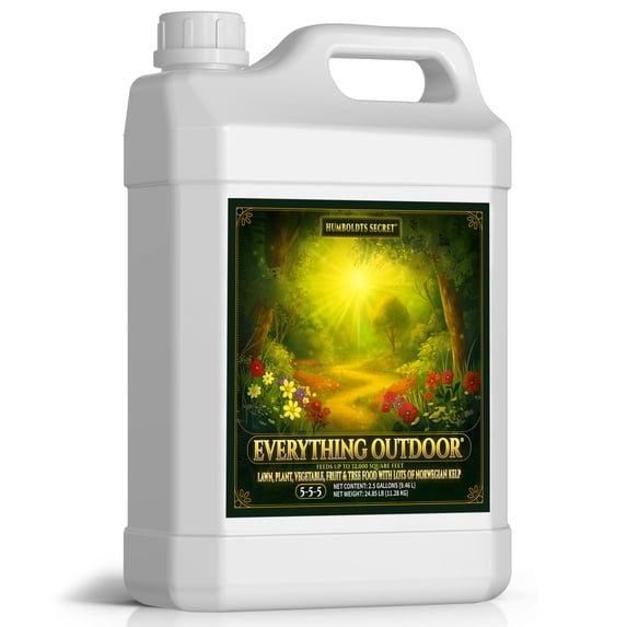 Humboldts Secret Everything Outdoor Plant Food | 5-5-5 Liquid Fertilizer with Norwegian Kelp | All Purpose Lawn, Vegetable & Fruit Food | Garden Nutrients | Refillable Hose End Bottle | 2.5 Gallon