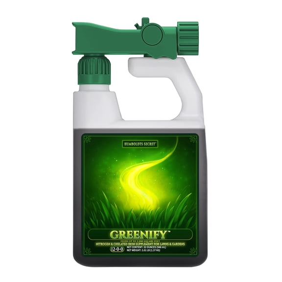 Humboldts Secret Greenify | 12-0-0 Nitrogen & 6% Iron Liquid Lawn Fertilizer Concentrate | Chelated Iron Supplement for Healthy Grass, Turf, and Garden Growth | 32 Ounce Refill for Healthy Growth