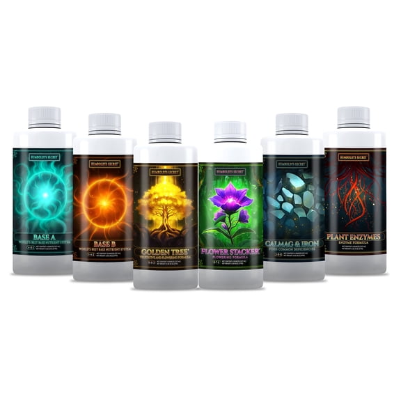 Humboldts Secret Starter Kit Mini | Indoor and Outdoor Plant Fertilizer and Hydroponic Nutrients | Base A & B, CalMag and Iron, Golden Tree, Flower Stacker, Plant Enzymes | Complete Garden System